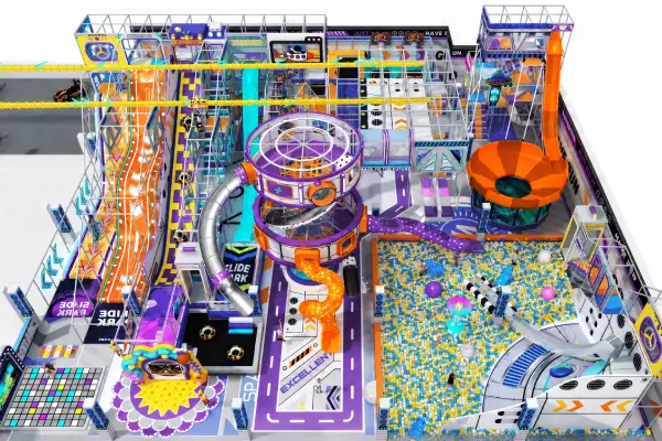 dinosaur themed indoor playground layout with a multi-level climbing structure and volcano details.