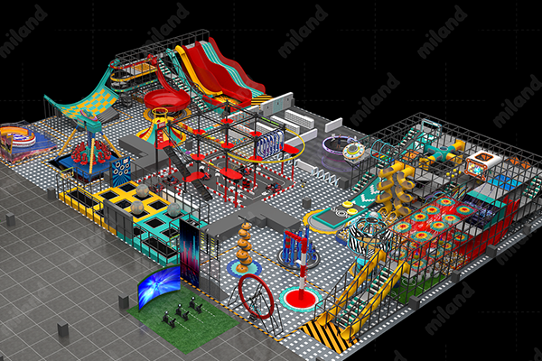 indoor adventure park layout with climbing and soft play structures planned for ASTM and EN safety review.